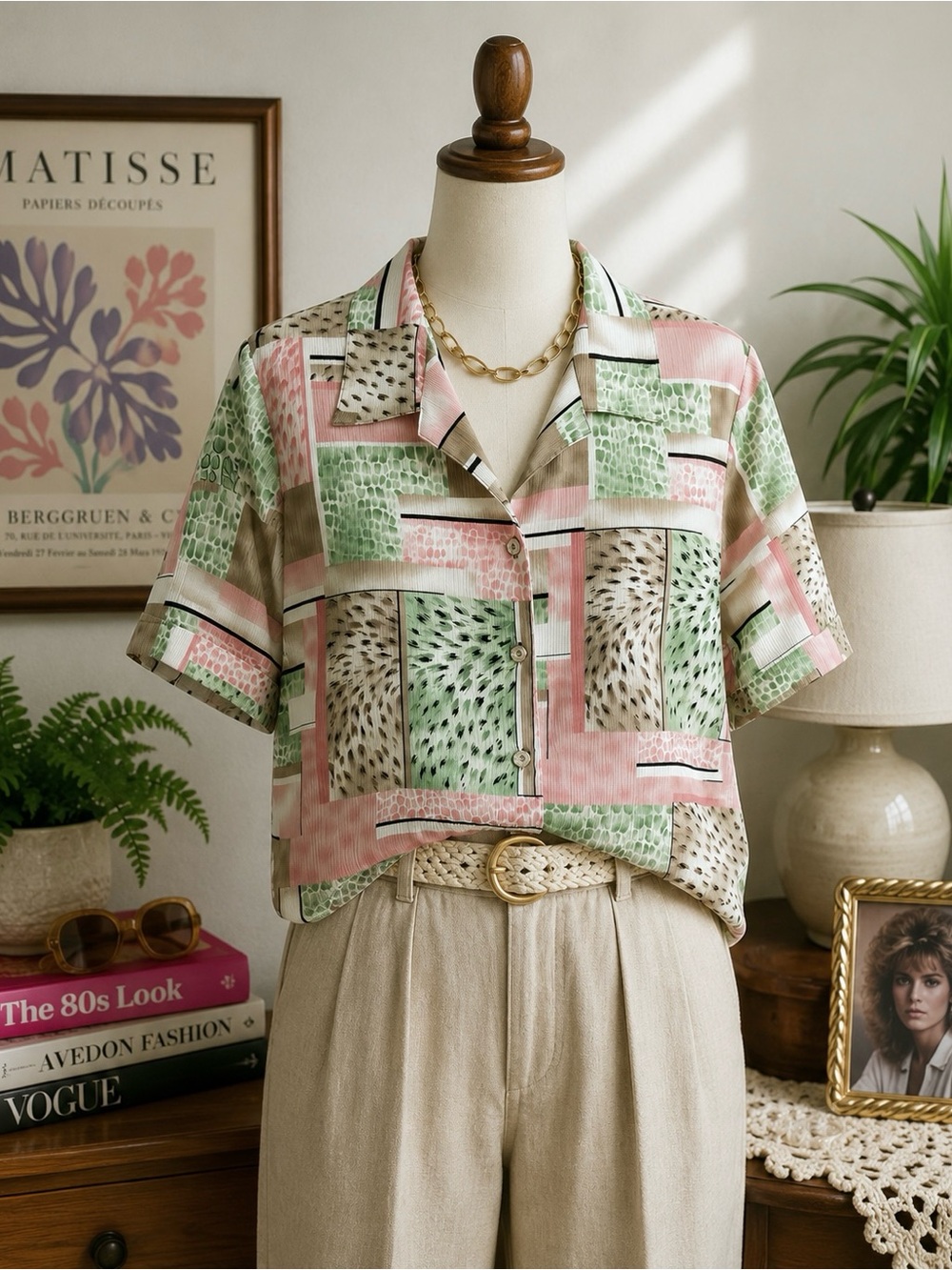 Rare 1980s Alison Daley Pink & Green Vintage Short-Sleeve Button Shirt - Picture 2 of 9